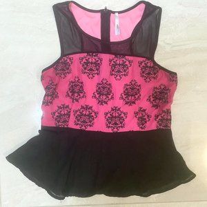 Vintage Y2K Goth Emo Punk Hot Pink Black Coquette Zip Up Sleeveless Top
